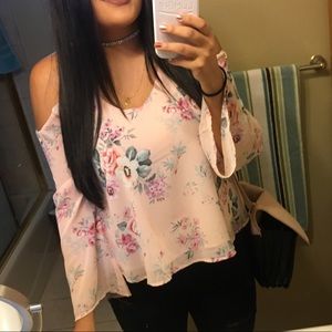 Floral Long Sleeve Open-Shoulder Blouse (0X)